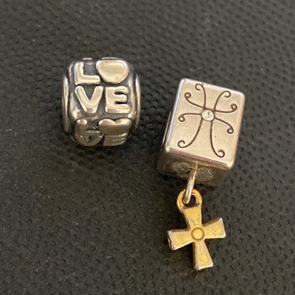 Set of 2 Brighton Two tone cross dangle bead charm with Swarovski crystals